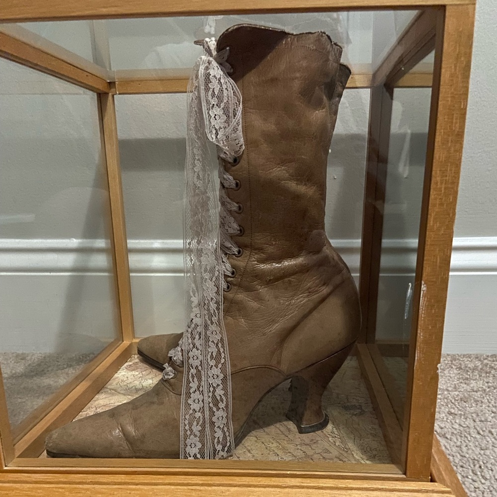 Antique Victorian Boots With Mirrored Shadow Box. Nearly Perfect! View 3